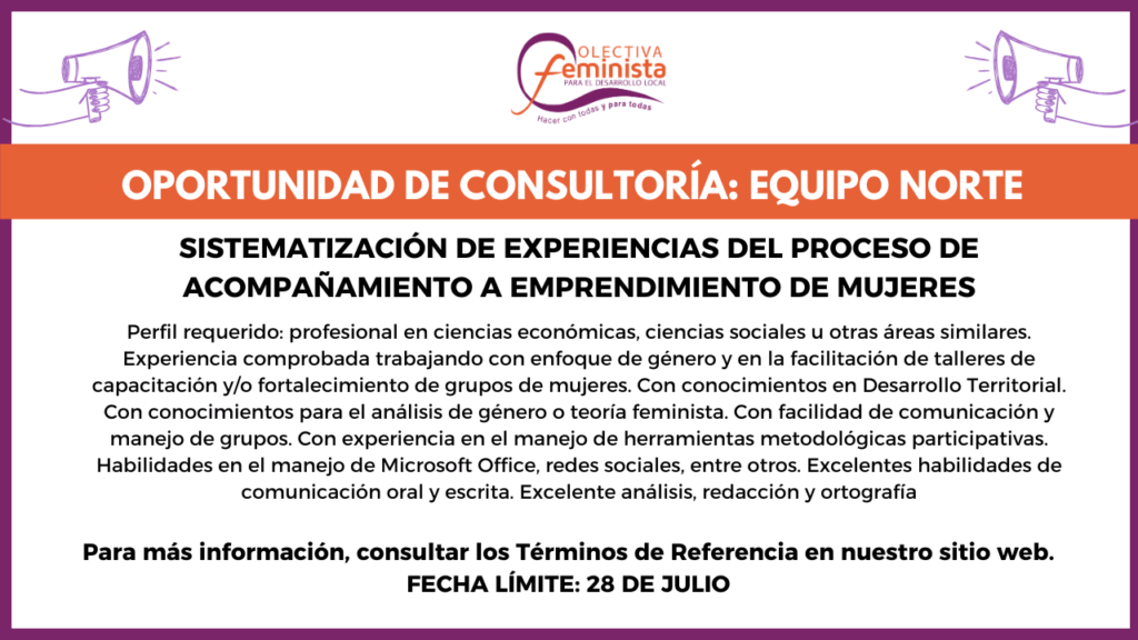 Oportunidad de consultoría: Sistematización de experiencias del proceso de acompañamiento a emprendimiento de mujeres