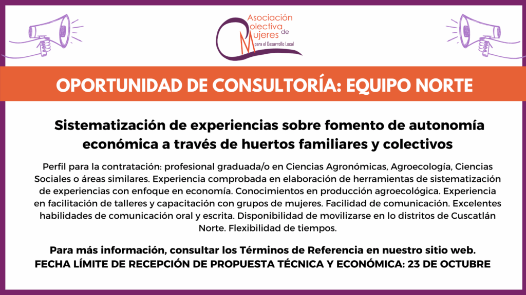 Oportunidad de consultoría: sistematización de experiencias sobre fomento de autonomía económica a través de huertos familiares y colectivos